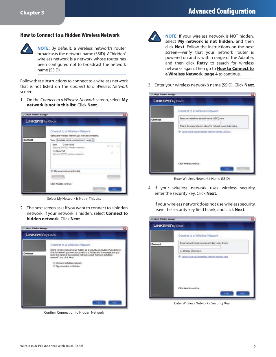 How to connect to a, Advanced configuration, How to connect to a hidden wireless network | Cisco LINKSYS WMP600N User Manual | Page 8 / 37