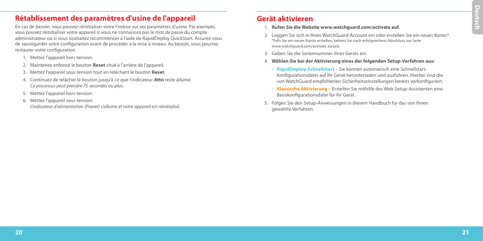 Gerät aktivieren, Deu ts ch | WatchGuard T10-W User Manual | Page 11 / 37