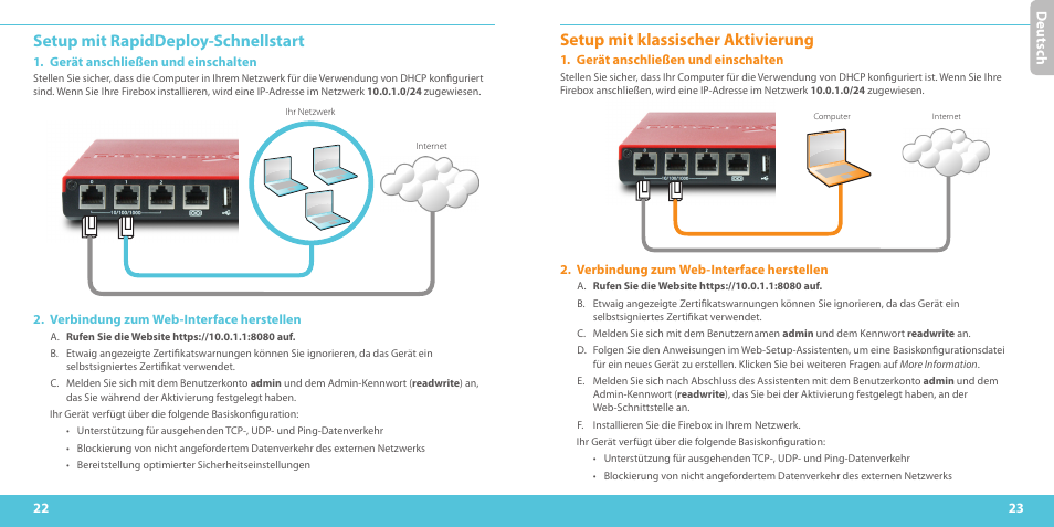 Setup mit rapiddeploy-schnellstart, Setup mit klassischer aktivierung, Deu ts ch | WatchGuard T10-W User Manual | Page 12 / 37