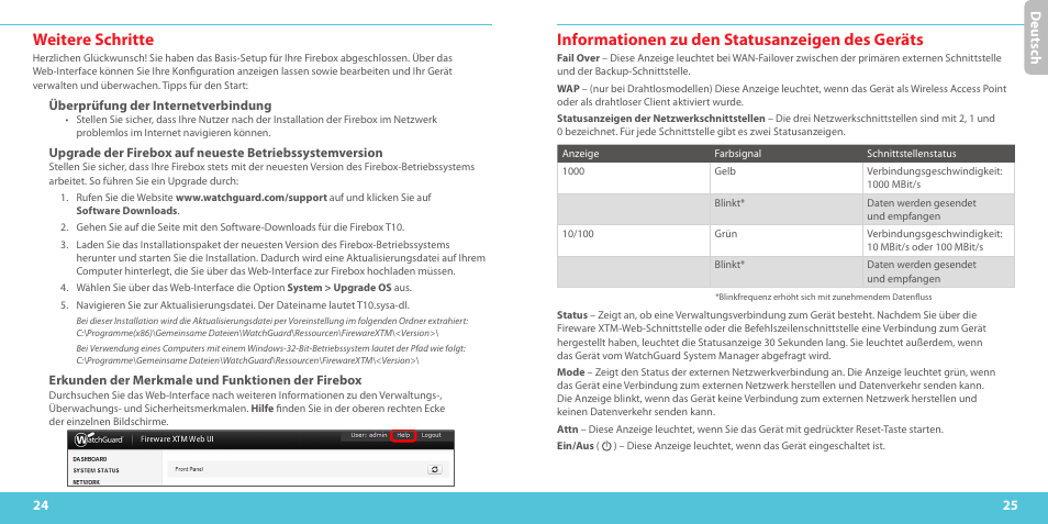 Weitere schritte, Informationen zu den statusanzeigen des geräts, Deu ts ch | WatchGuard T10-W User Manual | Page 13 / 37