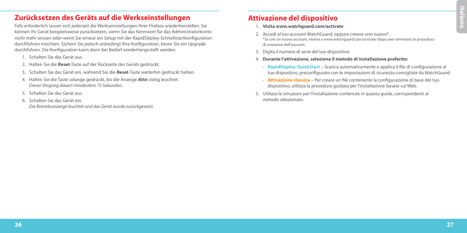 Zurücksetzen des geräts auf die werkseinstellungen, Attivazione del dispositivo, Ita liano | WatchGuard T10-W User Manual | Page 14 / 37