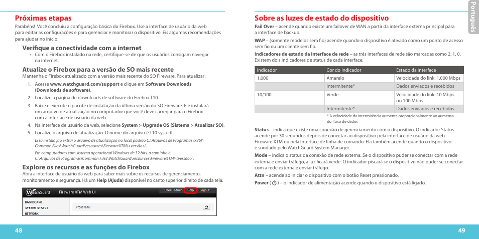 Próximas etapas, Sobre as luzes de estado do dispositivo, Verifique a conectividade com a internet | Explore os recursos e as funções do firebox, Por tu guê s | WatchGuard T10-W User Manual | Page 25 / 37