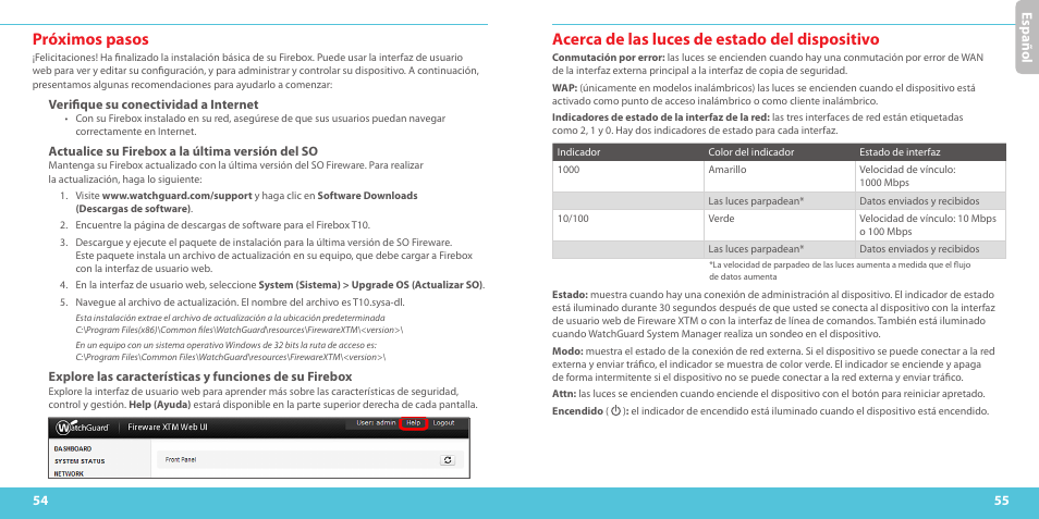 Próximos pasos, Acerca de las luces de estado del dispositivo, Es paño l | WatchGuard T10-W User Manual | Page 28 / 37