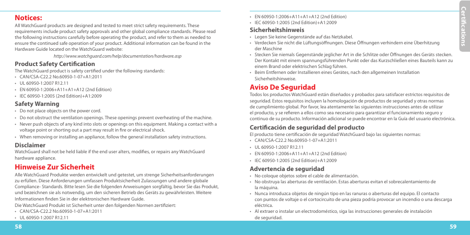 Notices, Hinweise zur sicherheit, Aviso de seguridad | WatchGuard T10-W User Manual | Page 30 / 37