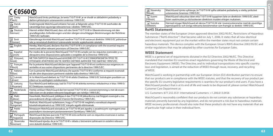 Ce rtifi ca ti on s, Rohs statement, Weee statement | WatchGuard T10-W User Manual | Page 32 / 37
