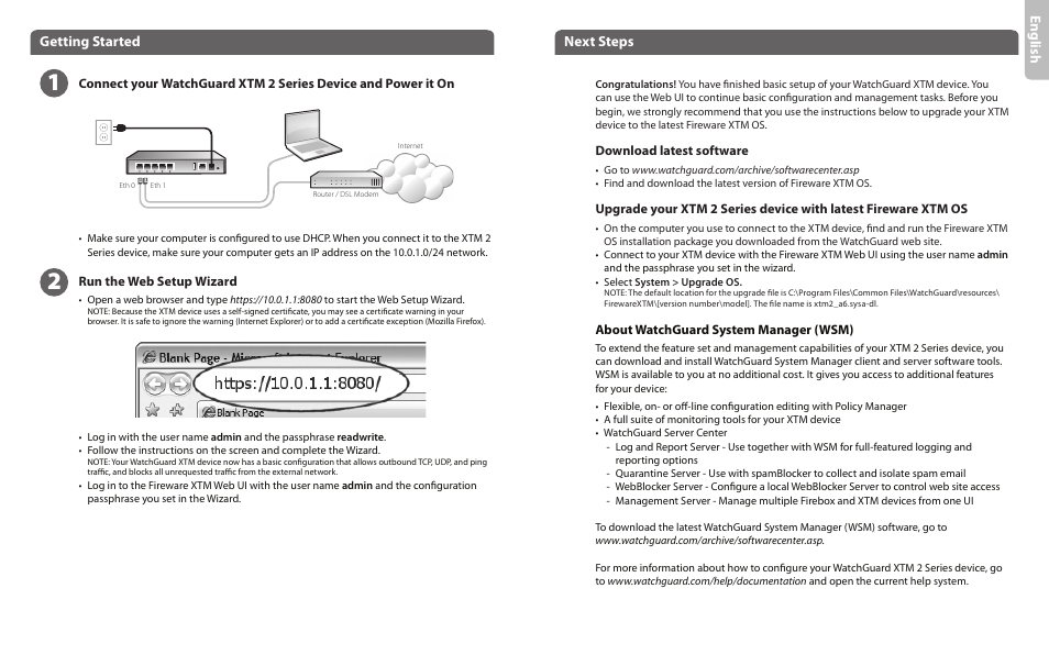 Engl ish, Getting started, Next steps | WatchGuard 2 Series XTM 25-26 User Manual | Page 2 / 12