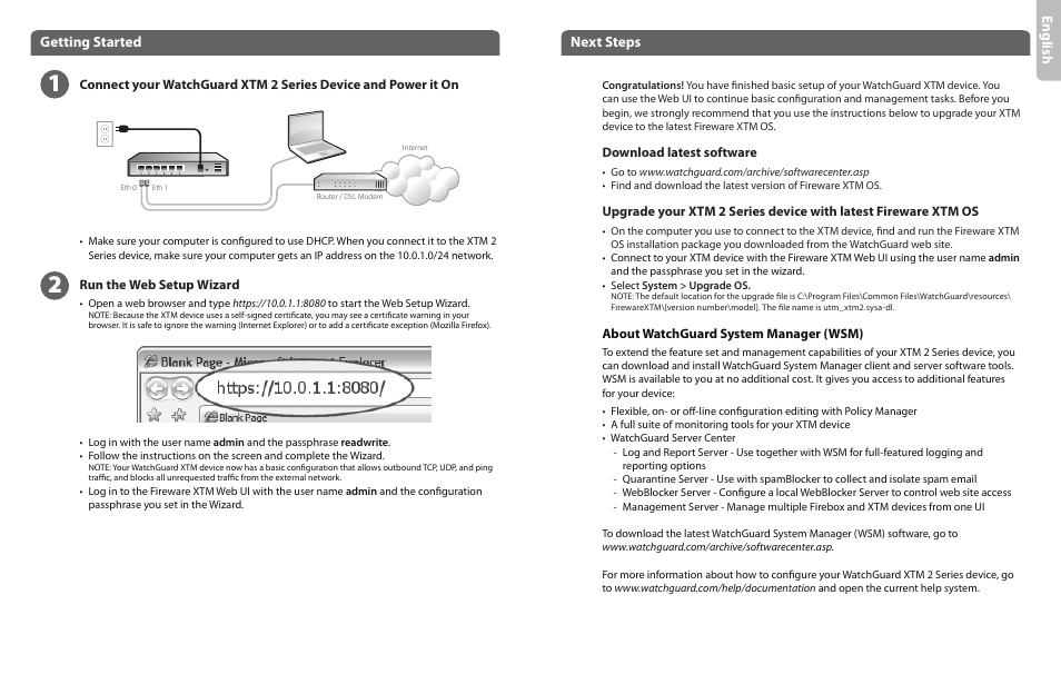 En gli sh, Getting started, Next steps | WatchGuard 2 Series XTM 21-23 User Manual | Page 2 / 11