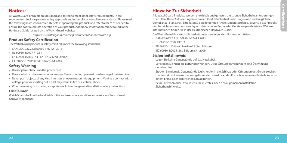 Hinweise zur sicherheit, Notices | WatchGuard M440 User Manual | Page 12 / 17