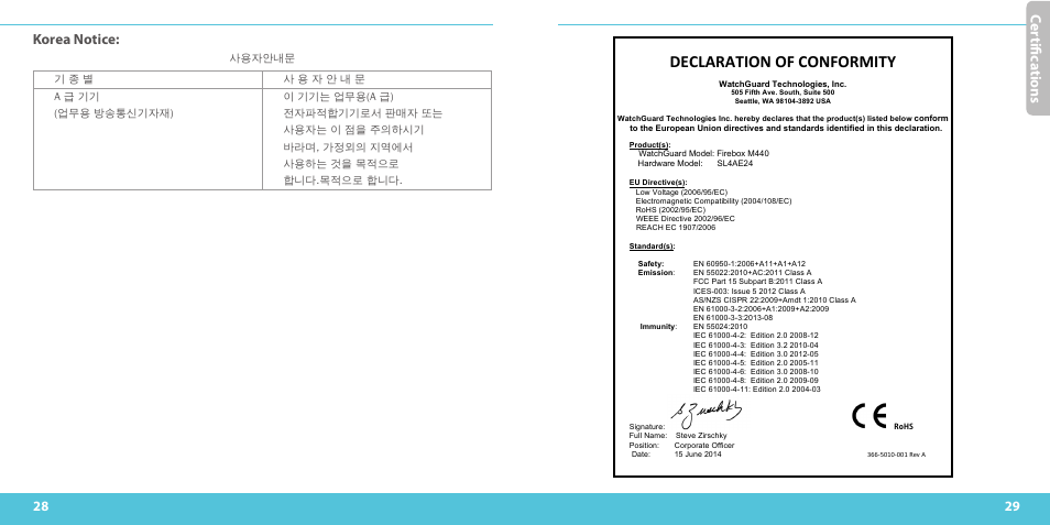Declaration of conformity, Ce rtifi ca ti on s, Korea notice | WatchGuard M440 User Manual | Page 15 / 17