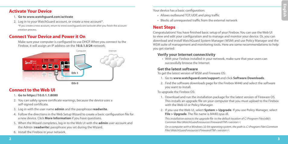 Activate your device, Connect your device and power it on, Connect to the web ui | Next steps | WatchGuard M440 User Manual | Page 2 / 17