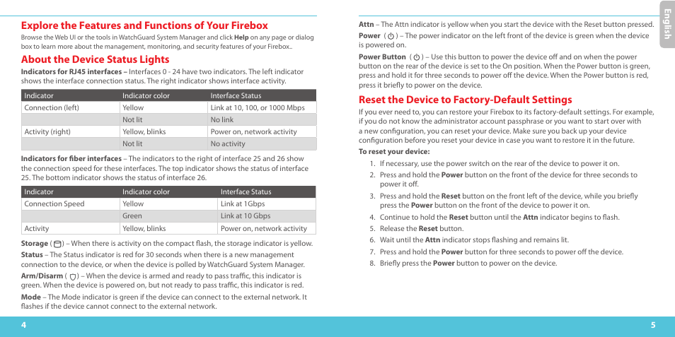 Explore the features and functions of your firebox, About the device status lights, Reset the device to factory-default settings | WatchGuard M440 User Manual | Page 3 / 17