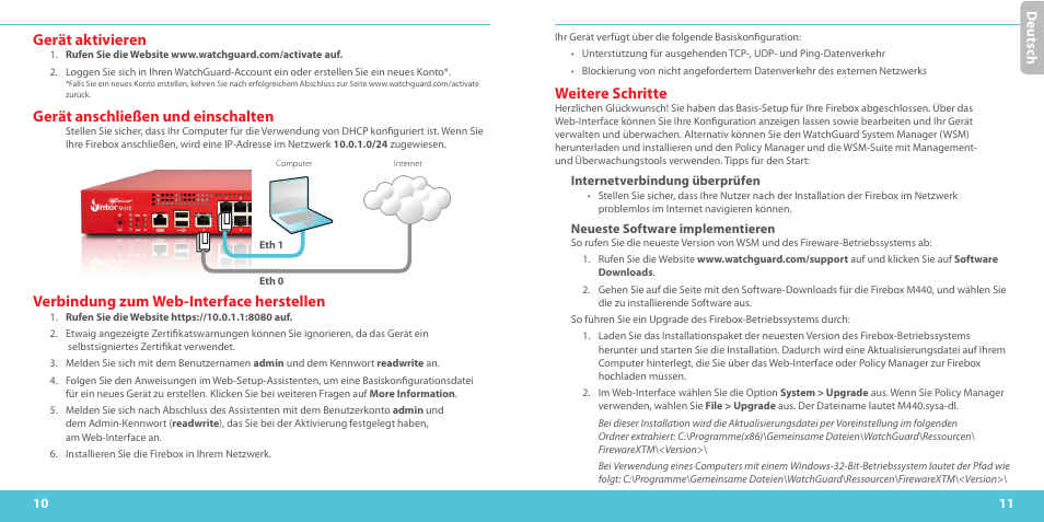 Gerät aktivieren, Gerät anschließen und einschalten, Verbindung zum web-interface herstellen | Weitere schritte, Deu ts ch | WatchGuard M440 User Manual | Page 6 / 17