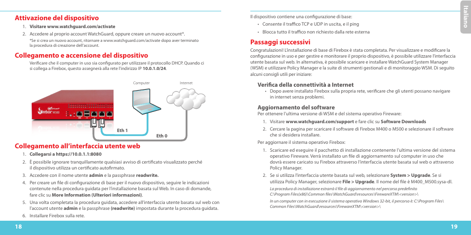 Attivazione del dispositivo, Collegamento e accensione del dispositivo, Collegamento all’interfaccia utente web | Passaggi successivi, Ita lia no ita liano | WatchGuard M500 User Manual | Page 10 / 25
