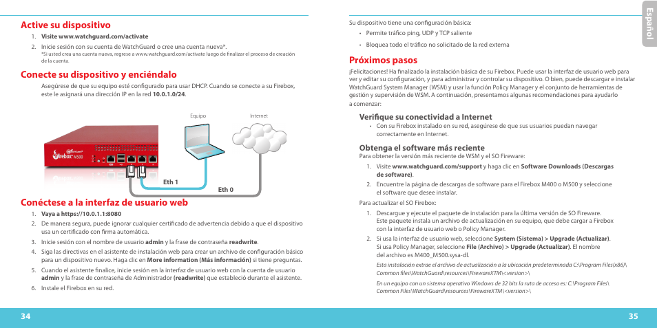 Active su dispositivo, Conecte su dispositivo y enciéndalo, Conéctese a la interfaz de usuario web | Próximos pasos, Espa ño l es paño l | WatchGuard M500 User Manual | Page 18 / 25