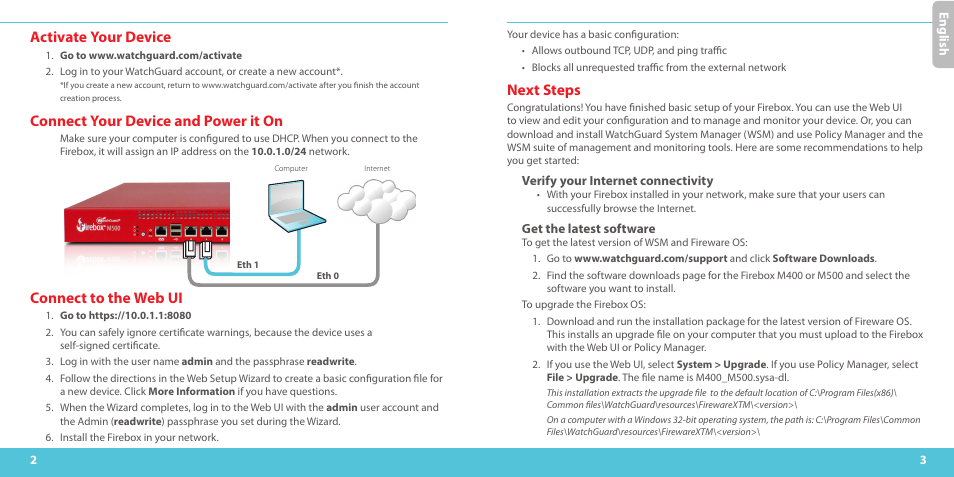 Activate your device, Connect your device and power it on, Connect to the web ui | Next steps | WatchGuard M500 User Manual | Page 2 / 25