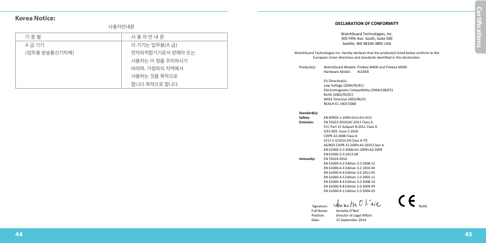 Ce rtifi ca ti on s, Korea notice | WatchGuard M500 User Manual | Page 23 / 25