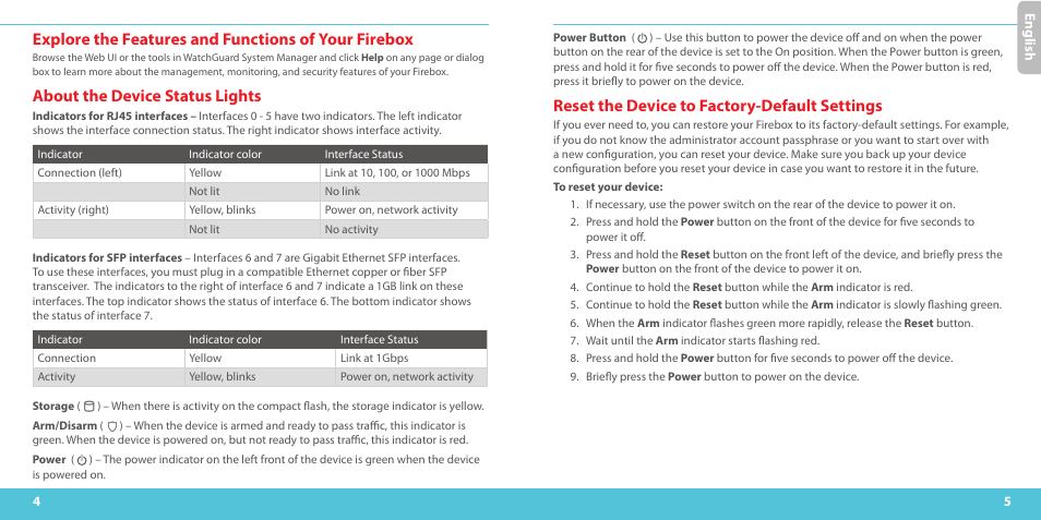 Explore the features and functions of your firebox, About the device status lights, Reset the device to factory-default settings | WatchGuard M500 User Manual | Page 3 / 25