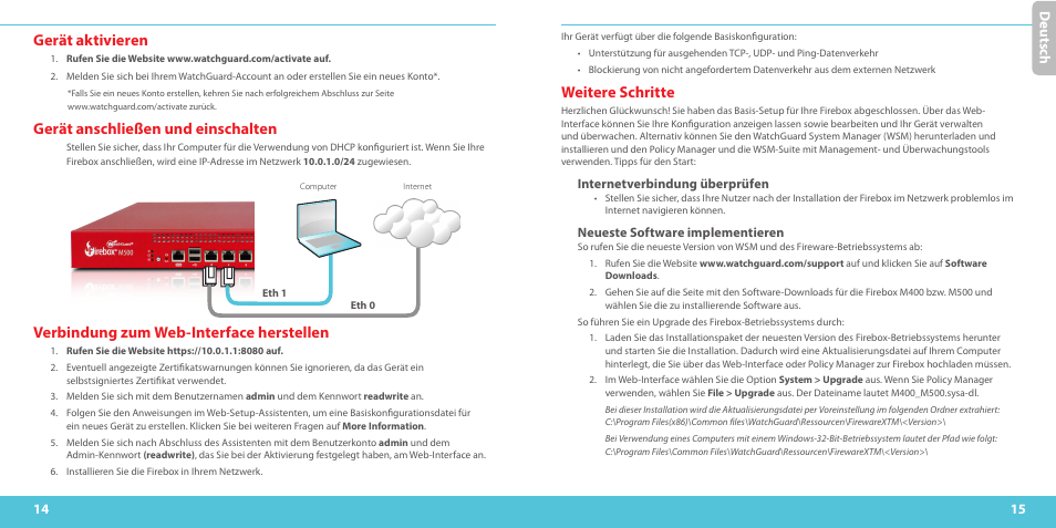 Gerät aktivieren, Gerät anschließen und einschalten, Verbindung zum web-interface herstellen | Weitere schritte, Deu ts ch d eu ts ch | WatchGuard M500 User Manual | Page 8 / 25