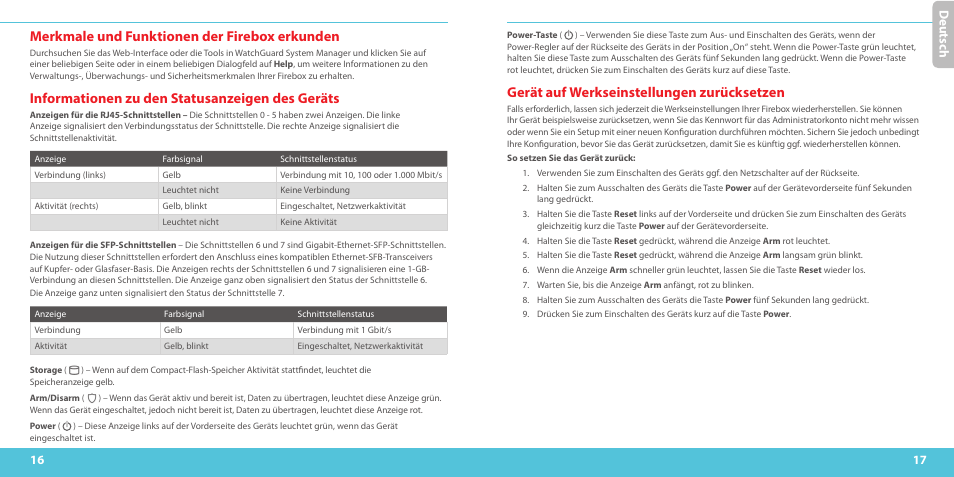 Merkmale und funktionen der firebox erkunden, Informationen zu den statusanzeigen des geräts, Gerät auf werkseinstellungen zurücksetzen | Deu ts ch | WatchGuard M500 User Manual | Page 9 / 25