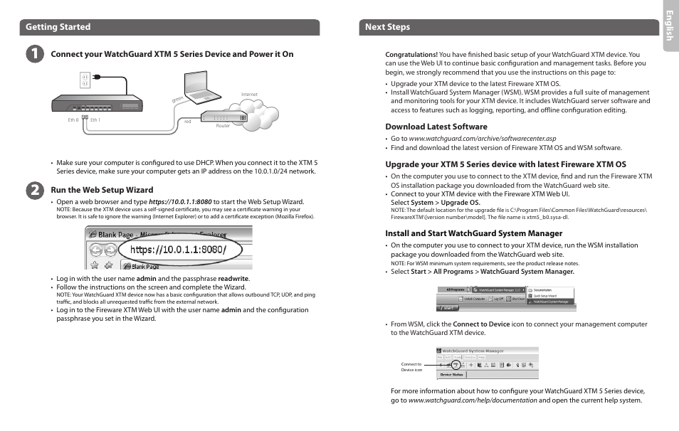 Eng lis h, Getting started, Next steps | WatchGuard 5 Series User Manual | Page 2 / 13