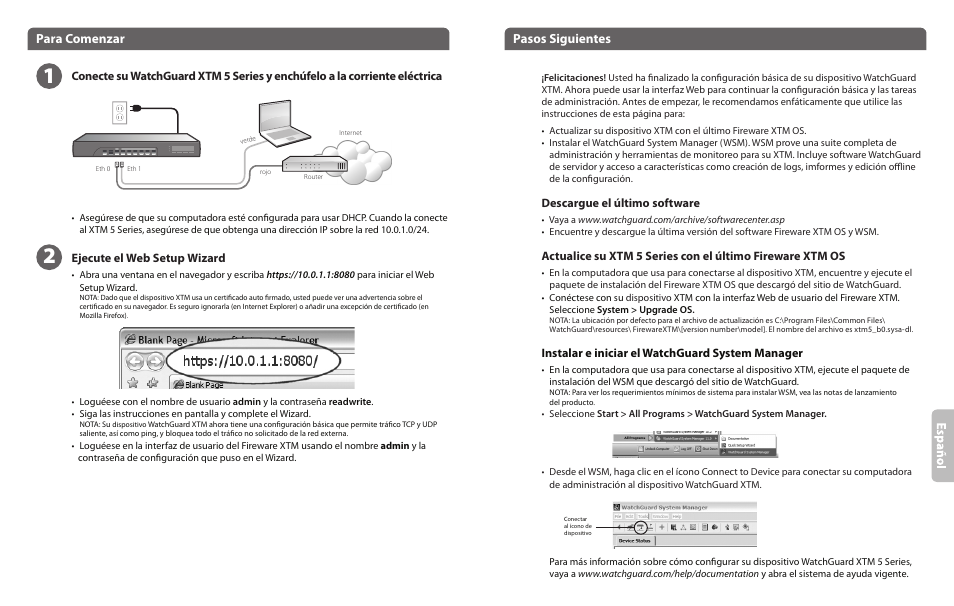 Para comenzar, Pasos siguientes, Descargue el último software | Instalar e iniciar el watchguard system manager, Ejecute el web setup wizard | WatchGuard 5 Series User Manual | Page 9 / 13