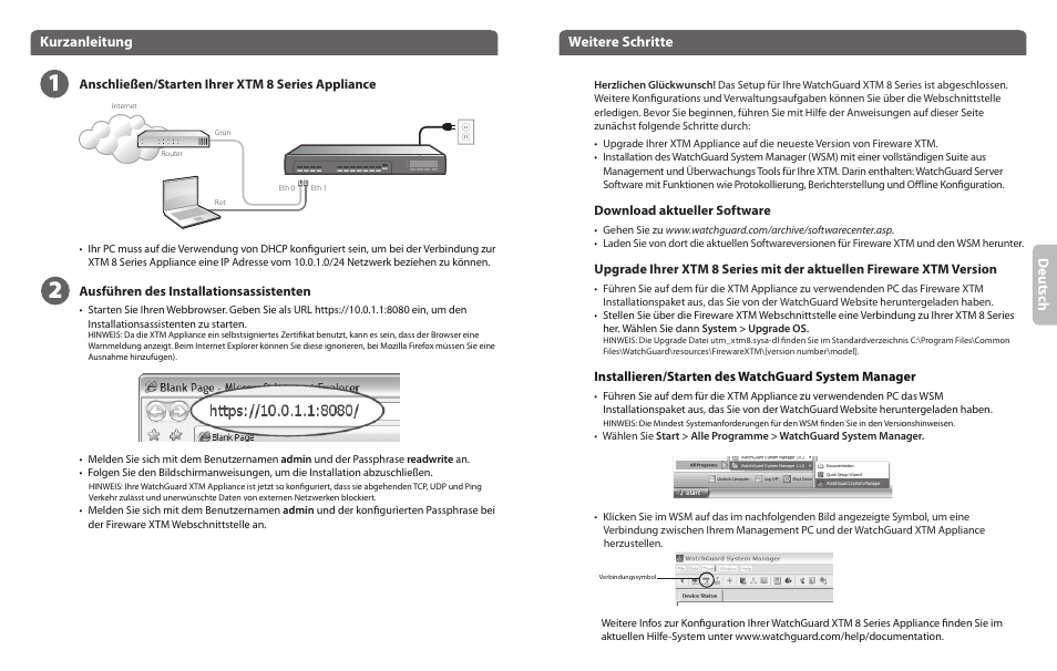 Deu tsc h, Kurzanleitung, Weitere schritte | WatchGuard 8 Series User Manual | Page 5 / 11