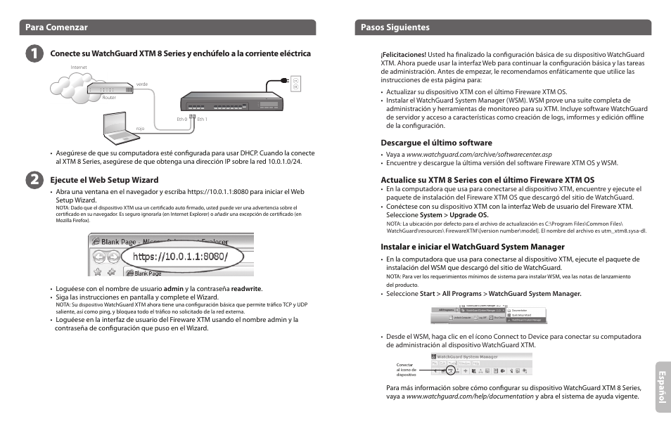 Para comenzar, Pasos siguientes, Descargue el último software | Instalar e iniciar el watchguard system manager, Ejecute el web setup wizard | WatchGuard 8 Series User Manual | Page 9 / 11