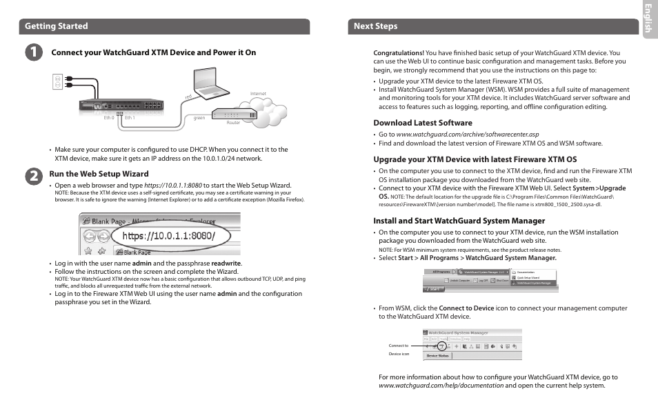 Engl ish, Getting started, Next steps | WatchGuard 800 Series User Manual | Page 2 / 12