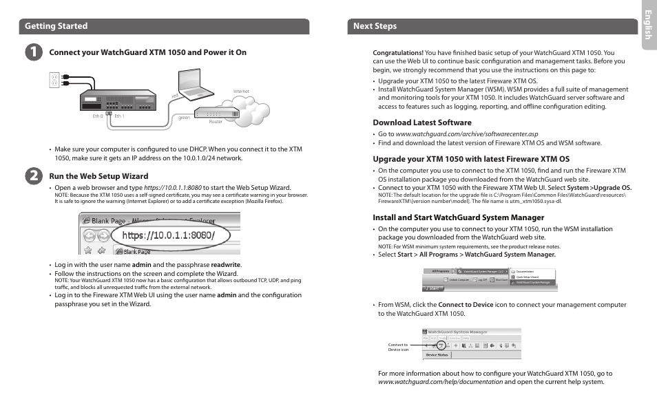 En gli sh, Getting started, Next steps | WatchGuard XTM 1050 User Manual | Page 2 / 11