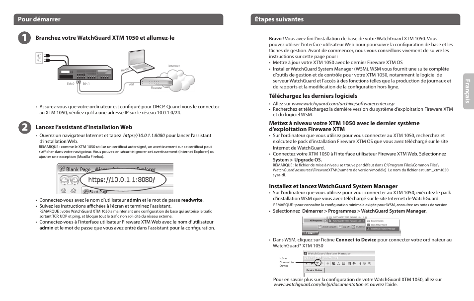 Fr an ça is, Pour démarrer, Étapes suivantes | WatchGuard XTM 1050 User Manual | Page 4 / 11