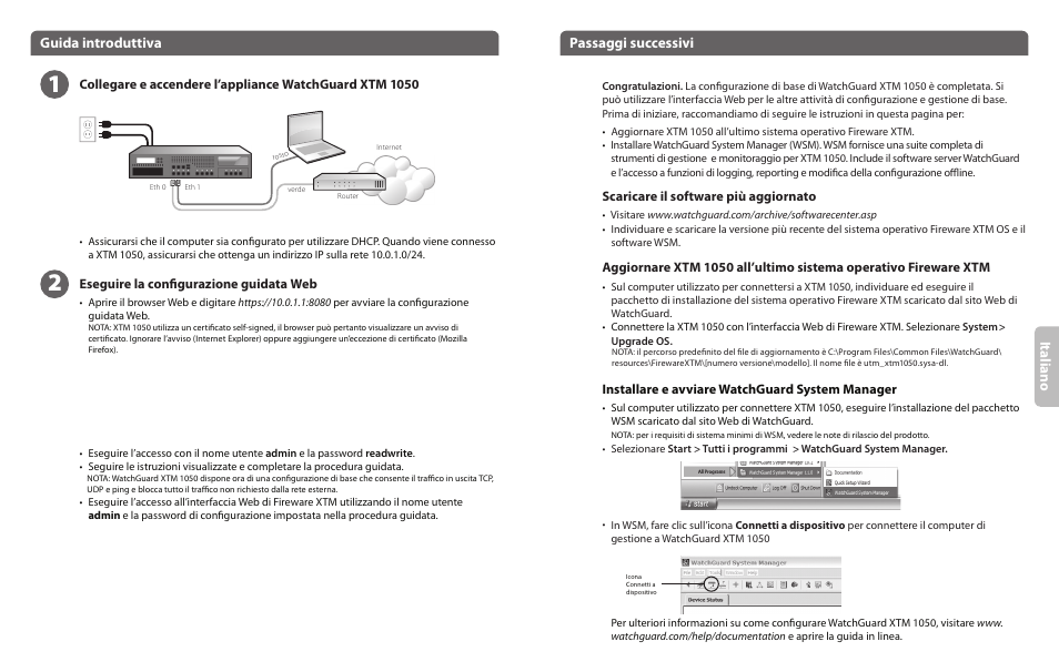 Ita lia no, Guida introduttiva, Passaggi successivi | WatchGuard XTM 1050 User Manual | Page 6 / 11