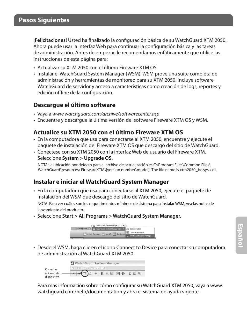 Pasos siguientes, Descargue el último software, Instalar e iniciar el watchguard system manager | WatchGuard XTM 2050 User Manual | Page 17 / 22