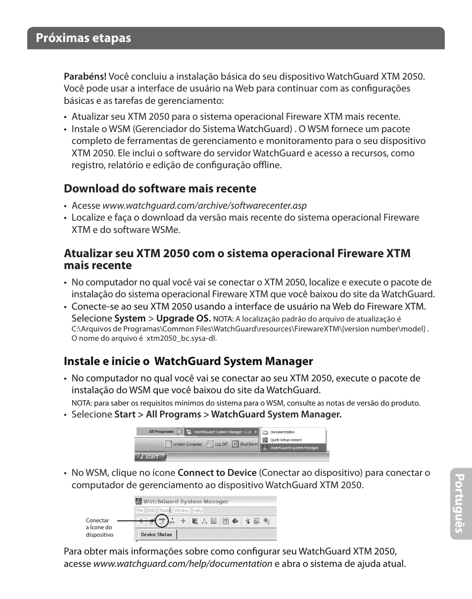 Próximas etapas, Por tu guê s, Download do software mais recente | Instale e inicie o watchguard system manager | WatchGuard XTM 2050 User Manual | Page 19 / 22