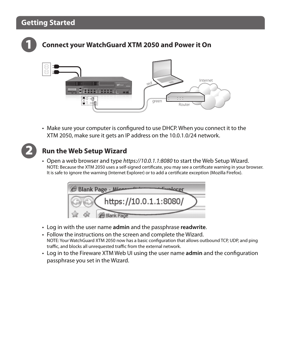 Getting started, Run the web setup wizard, Connect your watchguard xtm 2050 and power it on | WatchGuard XTM 2050 User Manual | Page 2 / 22