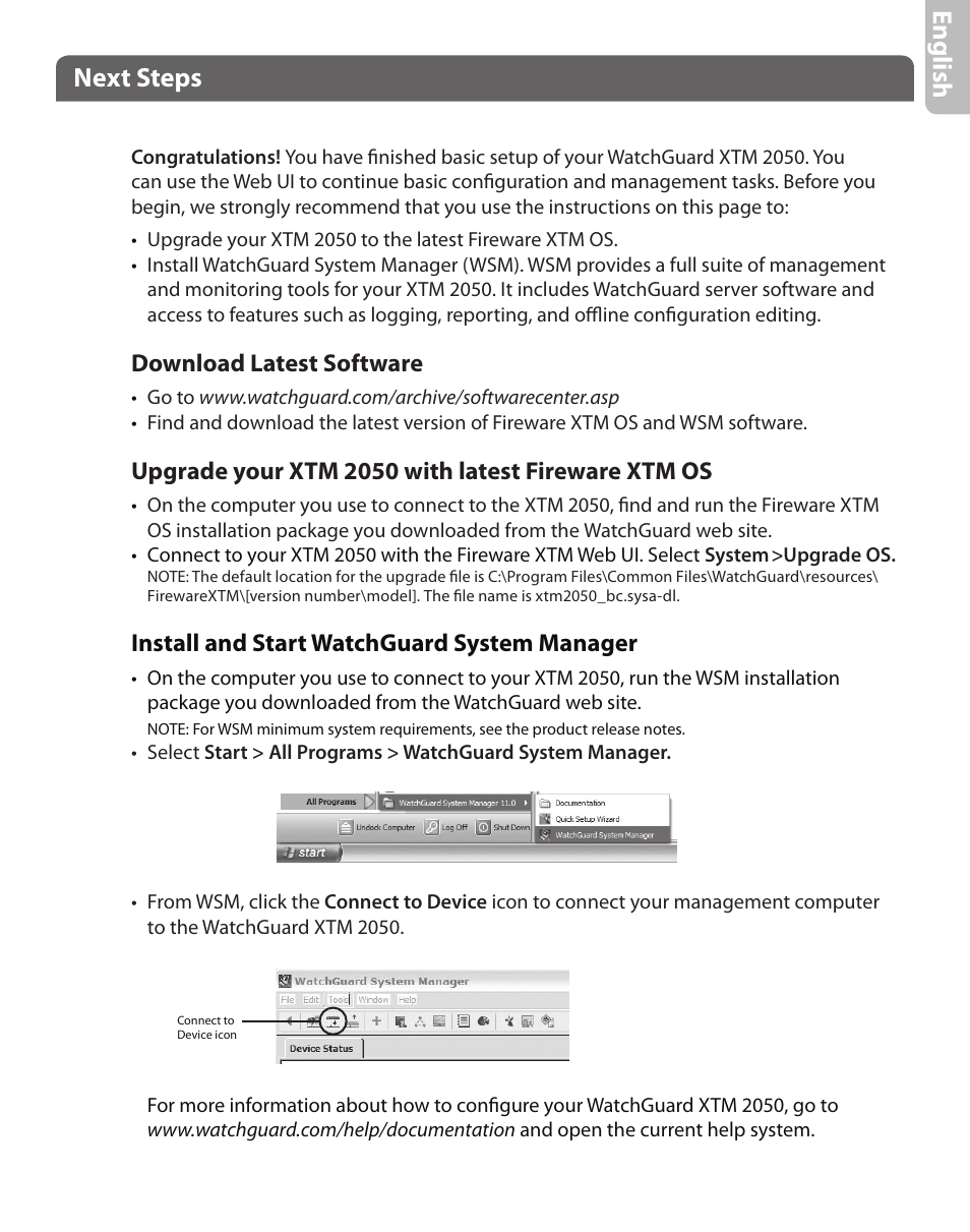 Eng lis h, Next steps, Download latest software | Upgrade your xtm 2050 with latest fireware xtm os, Install and start watchguard system manager | WatchGuard XTM 2050 User Manual | Page 3 / 22