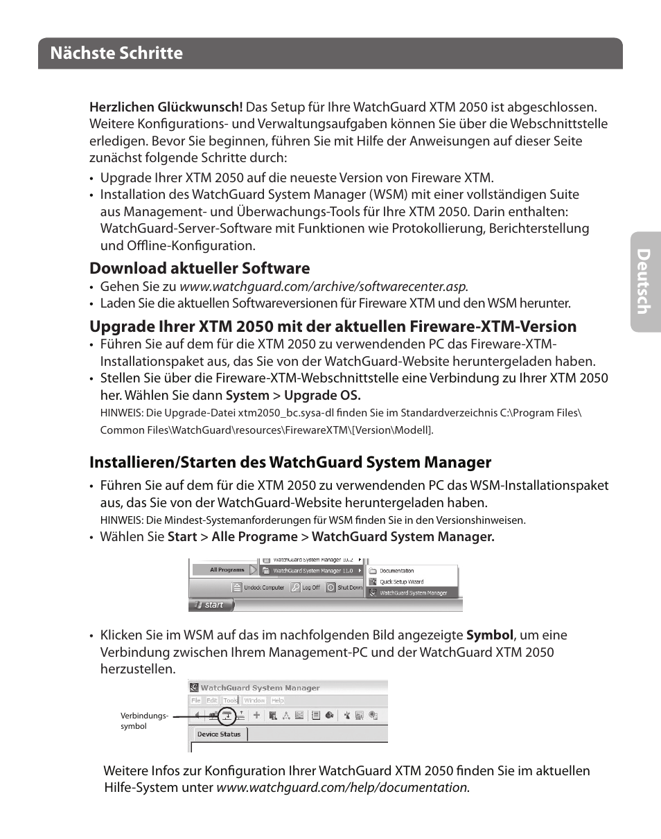 De ut sc h, Nächste schritte, Download aktueller software | Installieren/starten des watchguard system manager | WatchGuard XTM 2050 User Manual | Page 9 / 22