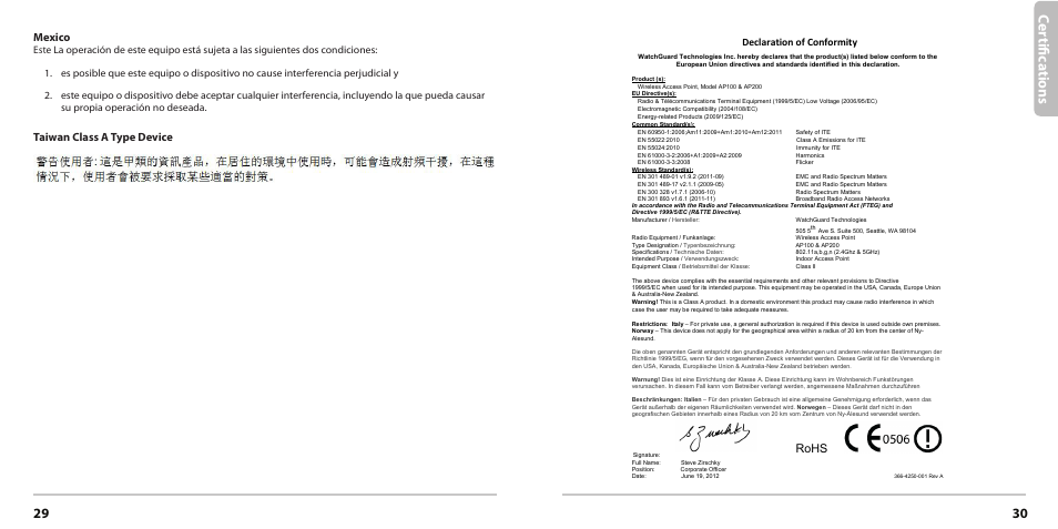 Ce rtifi ca ti on s, Mexico, Taiwan class a type device | Rohs, Declaration of conformity | WatchGuard AP200 User Manual | Page 16 / 17