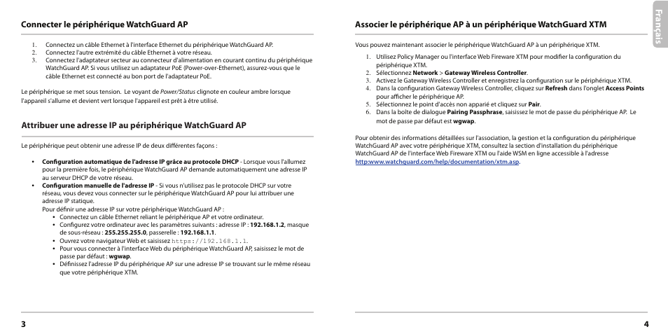 Fra nç ais, 34 connecter le périphérique watchguard ap | WatchGuard AP200 User Manual | Page 3 / 17