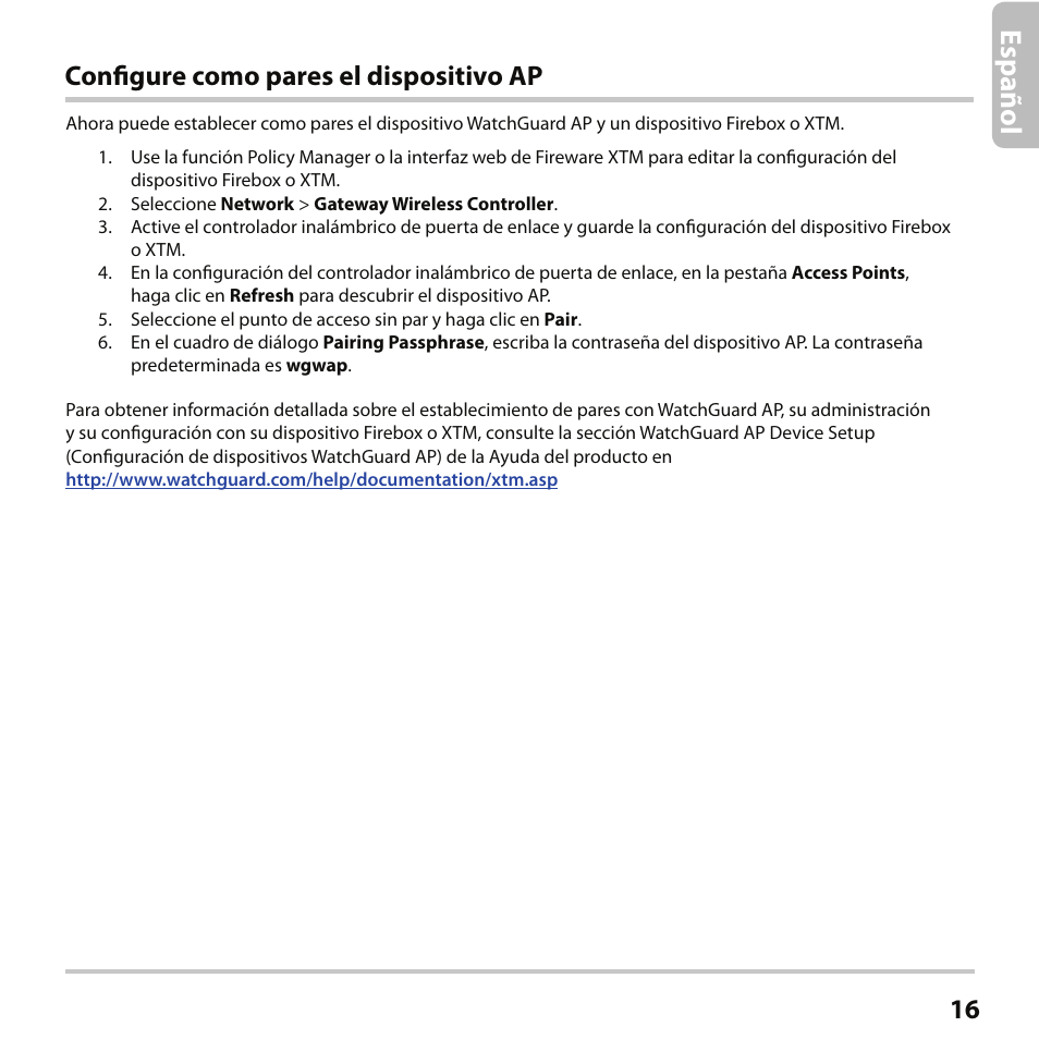 Espa ño l, Configure como pares el dispositivo ap | WatchGuard AP102 User Manual | Page 17 / 34