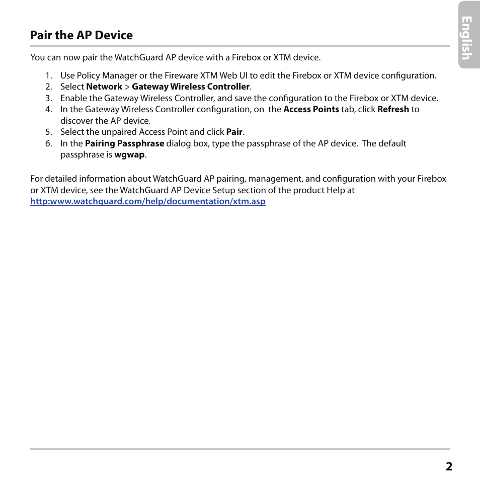 Engl ish, Pair the ap device | WatchGuard AP102 User Manual | Page 3 / 34