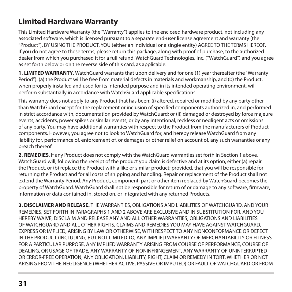 Limited hardware warranty | WatchGuard AP102 User Manual | Page 32 / 34