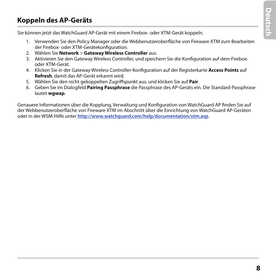 Deu ts ch, Koppeln des ap-geräts | WatchGuard AP102 User Manual | Page 9 / 34