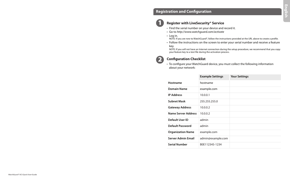 Engl ish, Registration and configuration | WatchGuard XCS 280 and 580 User Manual | Page 2 / 23