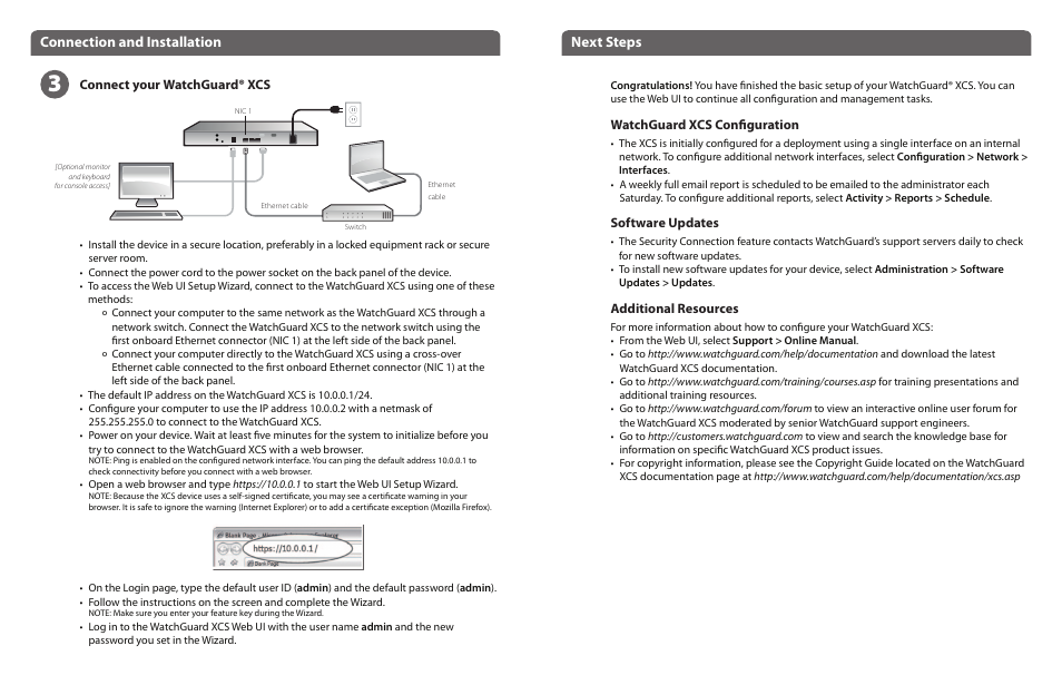 Connection and installation next steps | WatchGuard XCS 280 and 580 User Manual | Page 3 / 23