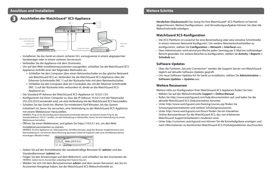 Anschluss und installation weitere schritte, Anschließen der watchguard® xcs-appliance, Watchguard xcs-konfiguration | Software-updates, Weitere ressourcen | WatchGuard XCS 280 and 580 User Manual | Page 5 / 23