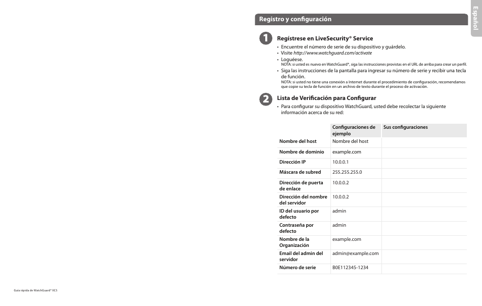 Espa ño l, Registro y configuración | WatchGuard XCS 280 and 580 User Manual | Page 6 / 23