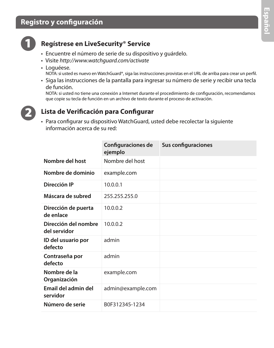 Espa ño l, Registro y configuración | WatchGuard XCS 880 User Manual | Page 11 / 44