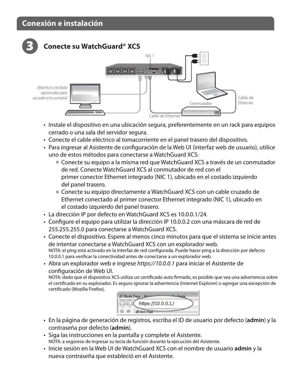 Conexión e instalación, Conecte su watchguard® xcs | WatchGuard XCS 880 User Manual | Page 12 / 44