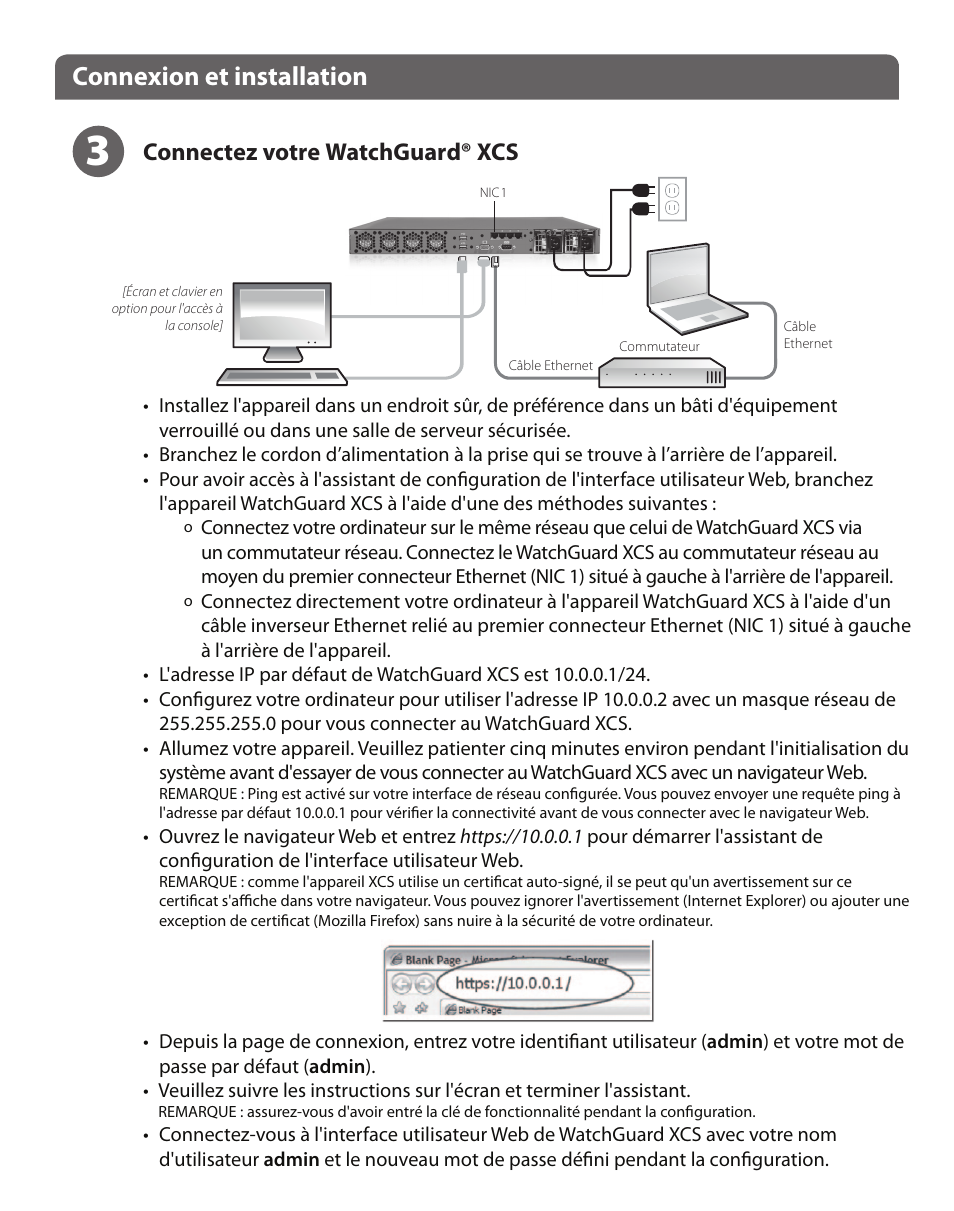 Connexion et installation, Connectez votre watchguard® xcs | WatchGuard XCS 880 User Manual | Page 16 / 44