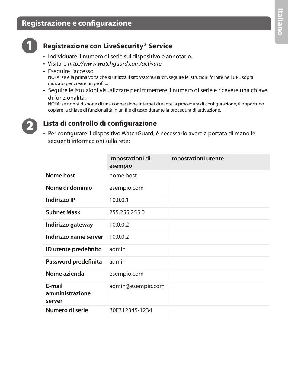 Ita lia no, Registrazione e configurazione | WatchGuard XCS 880 User Manual | Page 19 / 44